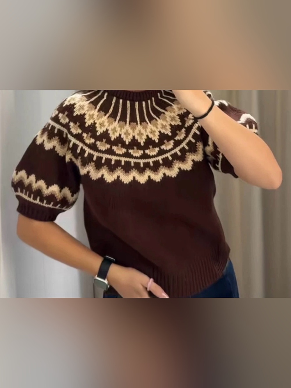 Classic Brown Nordic Yoke Sweater - Women